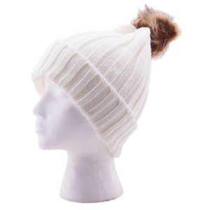 WHITE RIBBED KNITTED BEANIE W/ DETACHABLE  FAUX FUR POM-POM  - OS